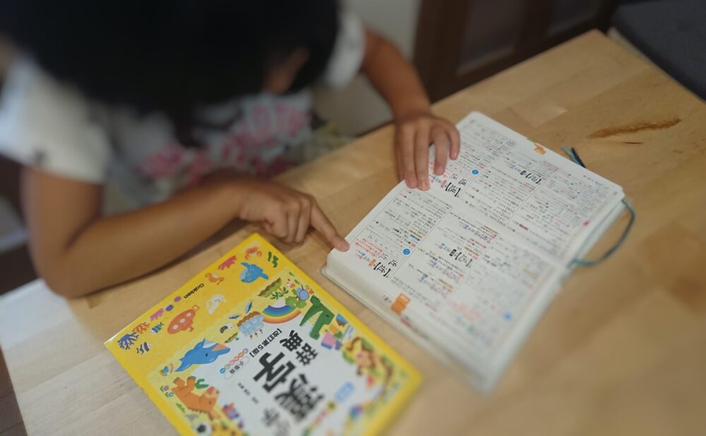 小学生が漢字辞書を使っているところ